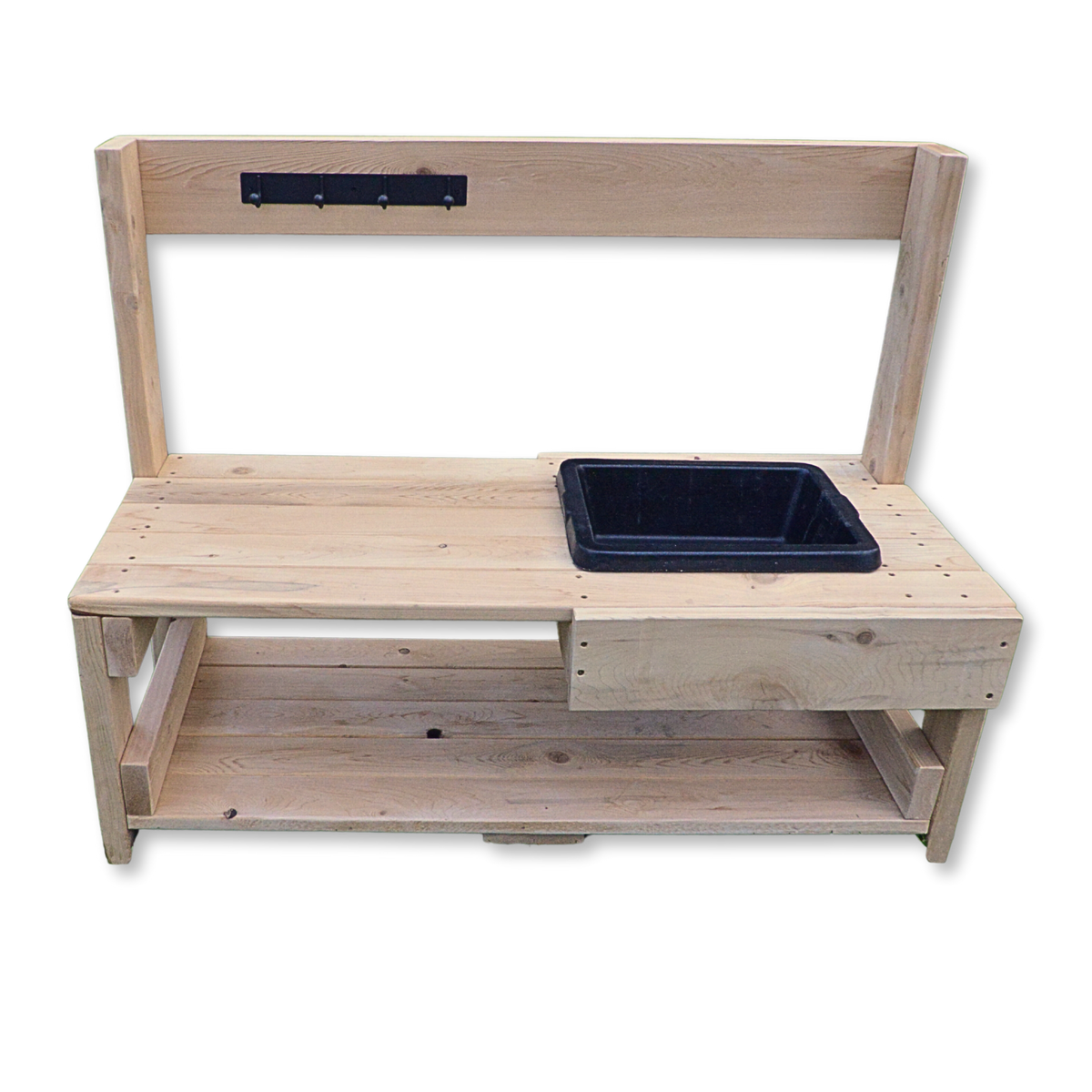Natural cedar infant mud kitchen with a black rubber sink and open lower shelf on a white background.