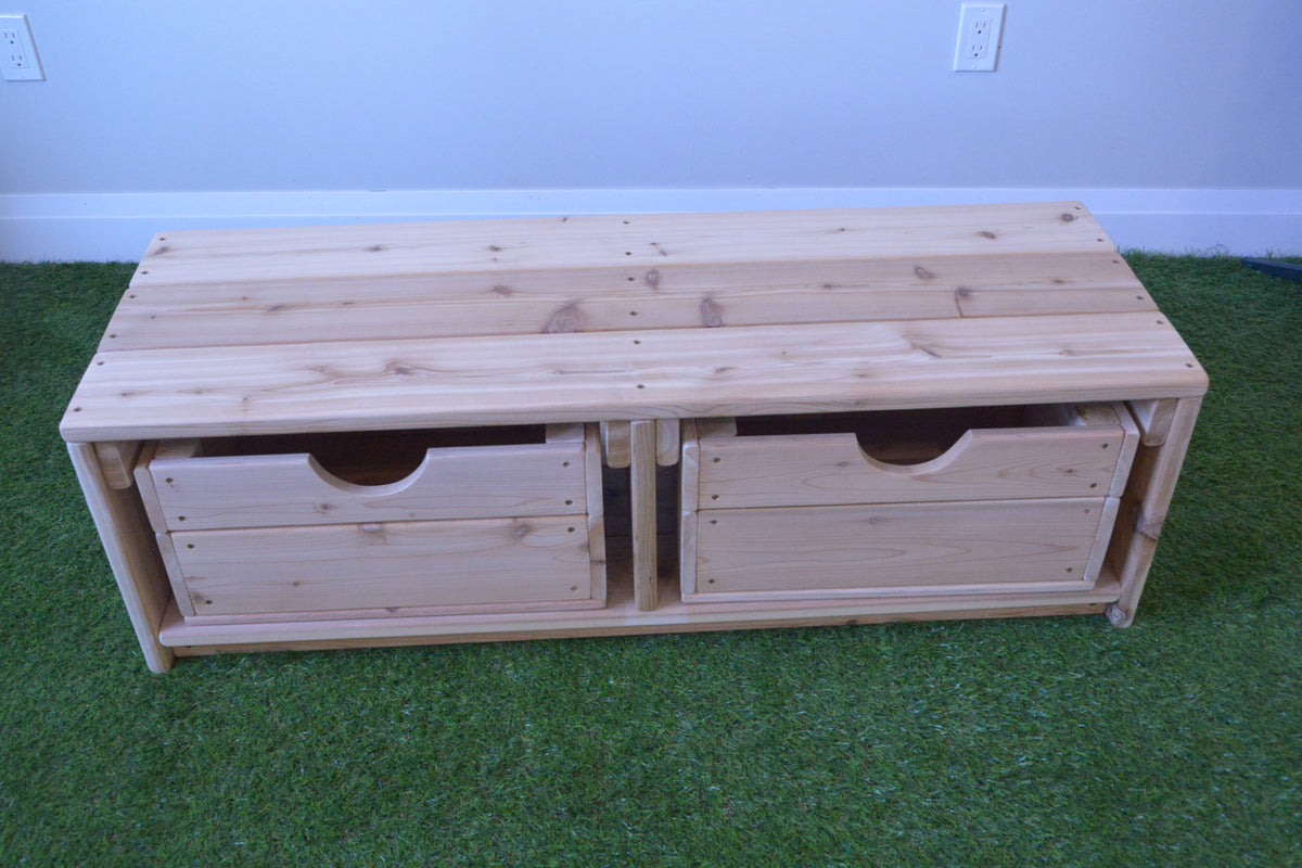 Outdoor cedar storage unit with two boxes for organizing loose parts and play materials