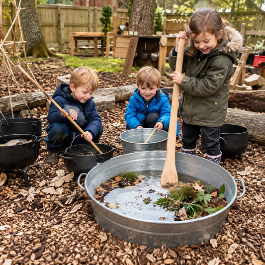 Children mixing materials with the Potions & Concoctions outdoor play kit