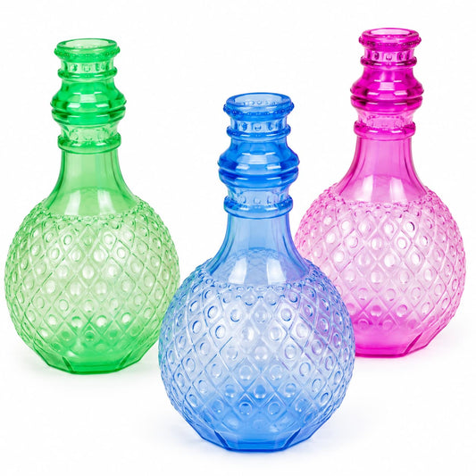 Three colorful Giant Potion Bottles in blue, green, and pink