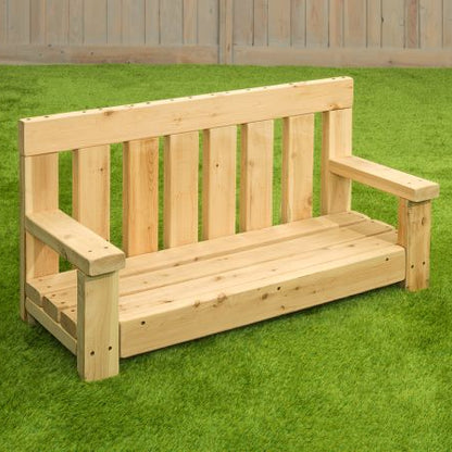 A simple, solid wooden bench designed for seating with infants or young toddlers, featuring taller arm rests.