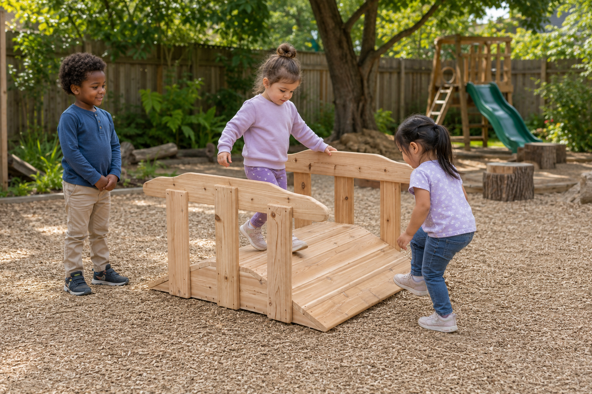 Cedar outdoor ramp with handrails for early childhood outdoor play
