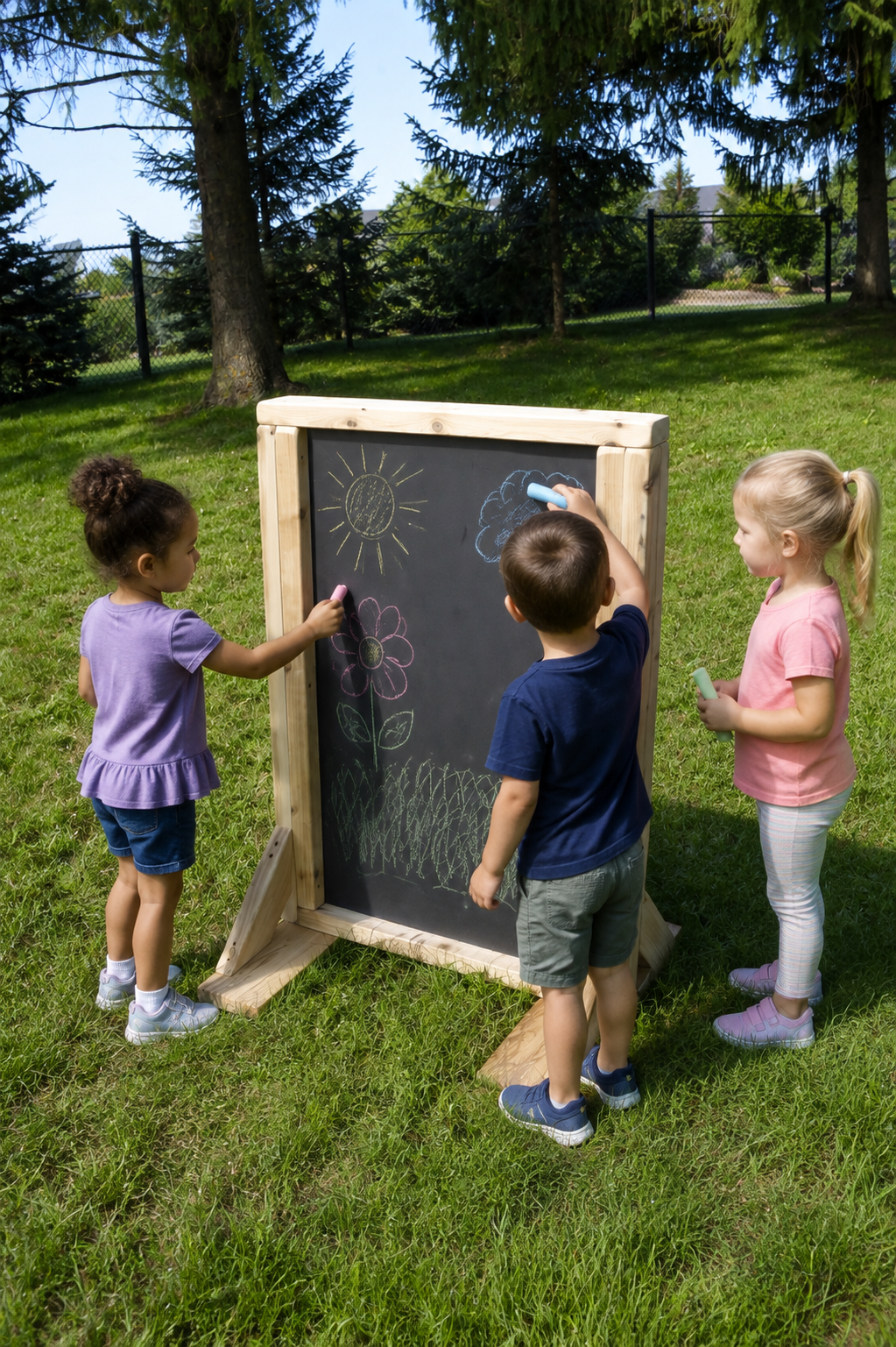 Children using a double-sided outdoor art easel for creative play