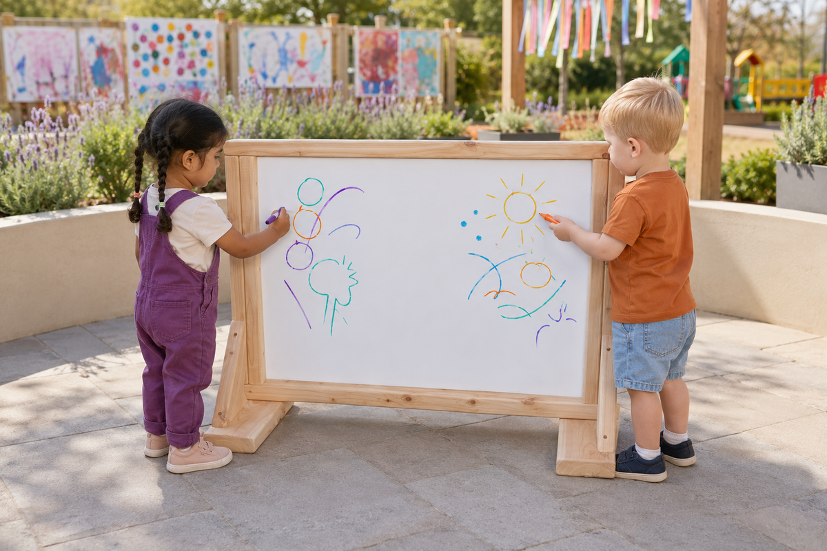 Two young children drawing on a clear-panel Infant Art Easel in an outdoor learning area.