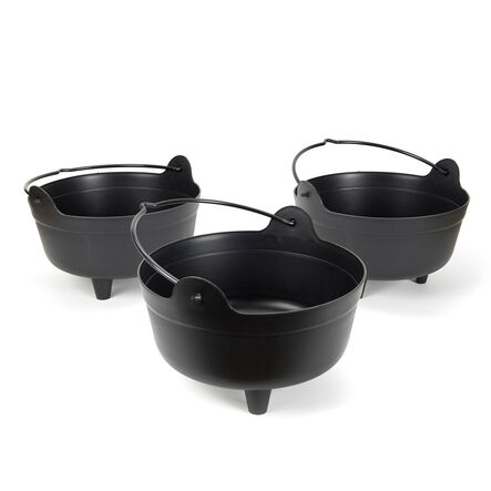 Four black cauldrons for messy play, sensory exploration, and imaginative outdoor play