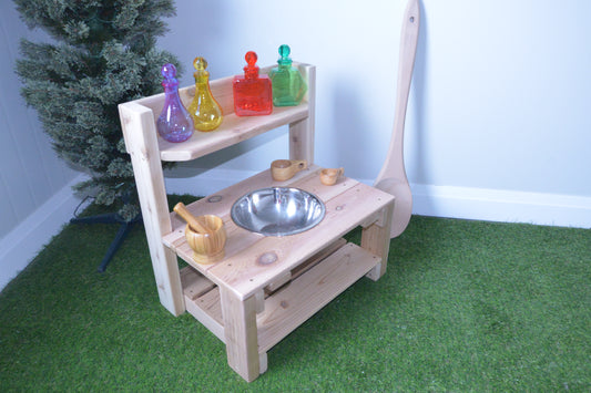 Wooden mini mud kitchen with play accessories for sensory play