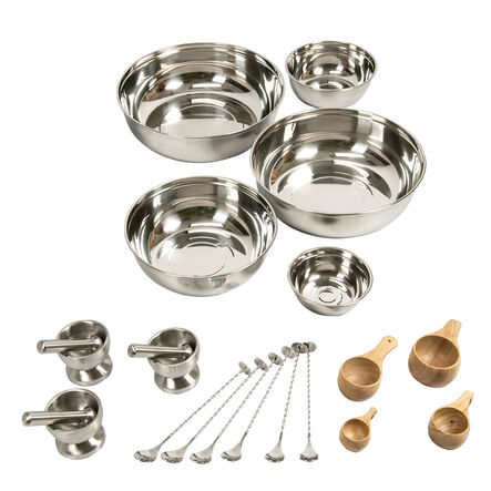18-piece mud kitchen accessory set with bowls, spoons, pestles, mortars, and wooden cups