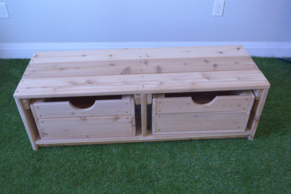 Outdoor cedar storage unit with two boxes for organizing loose parts and play materials