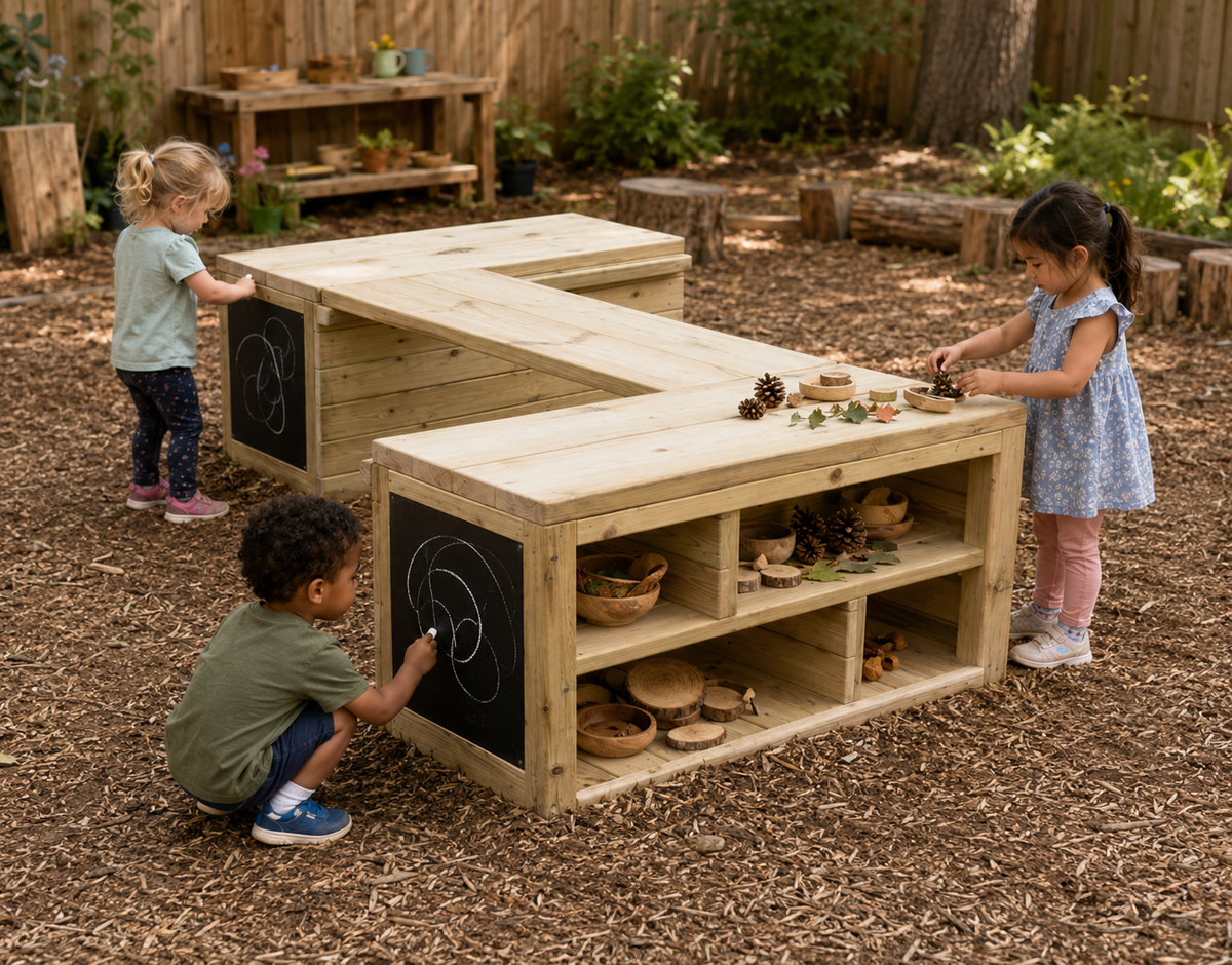 Transformative Outdoor Activity Station, a natural timber outdoor messy play station with shelf units and wide planks for early years play spaces