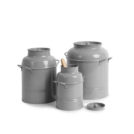 Three TTS metal churns in different sizes with lids and handles