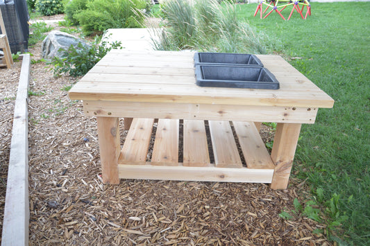 Western Red Cedar outdoor Explorer Table with a black removable sink and lower slatted storage shelf.
